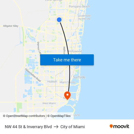 NW 44 St & Inverrary Blvd to City of Miami map