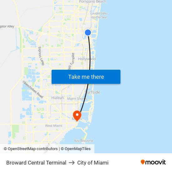 Broward Central Terminal to City of Miami map