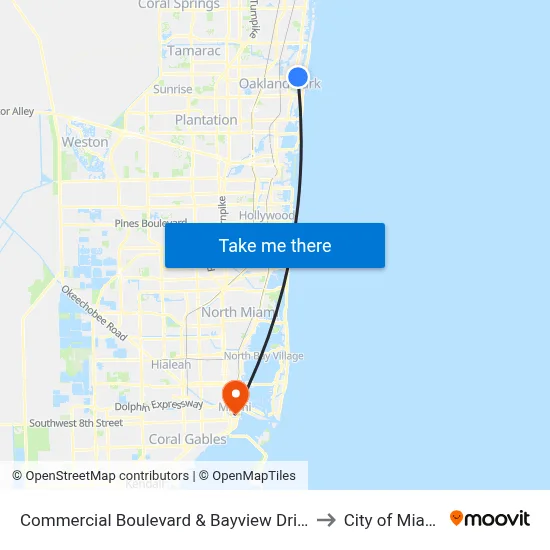 Commercial Boulevard & Bayview Drive to City of Miami map