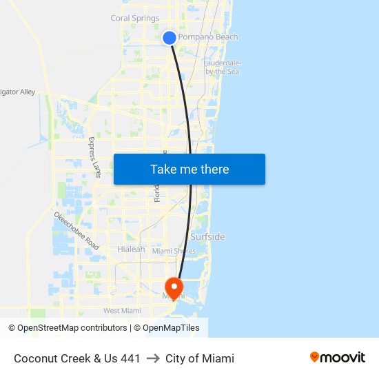 Coconut Creek & US 441 to City of Miami map