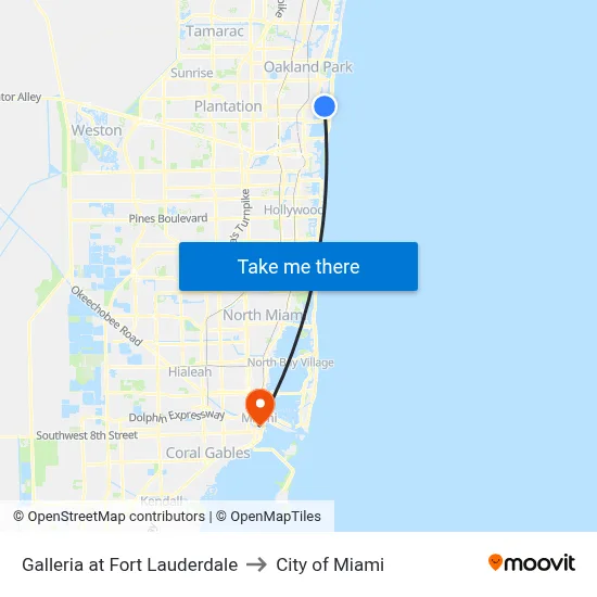 Galleria at Fort Lauderdale to City of Miami map