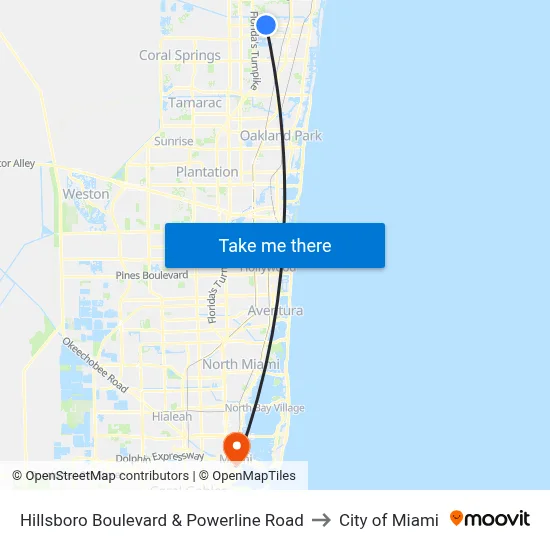 Hillsboro Boulevard & Powerline Road to City of Miami map