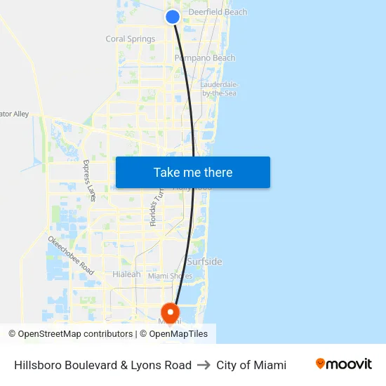 Hillsboro Boulevard & Lyons Road to City of Miami map