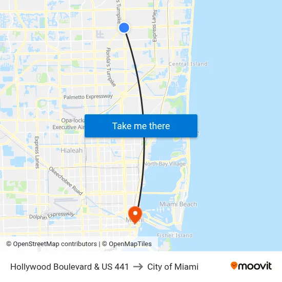 Hollywood Boulevard & US 441 to City of Miami map