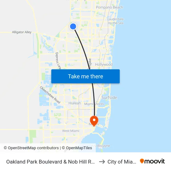 Oakland Park Boulevard & Nob Hill Road to City of Miami map