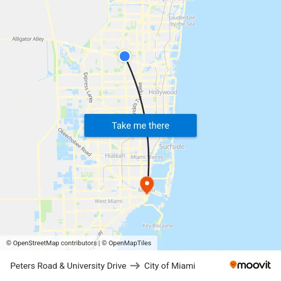 Peters Road & University Drive to City of Miami map