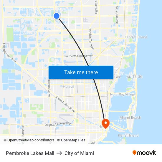 Pembroke Lakes Mall to City of Miami map