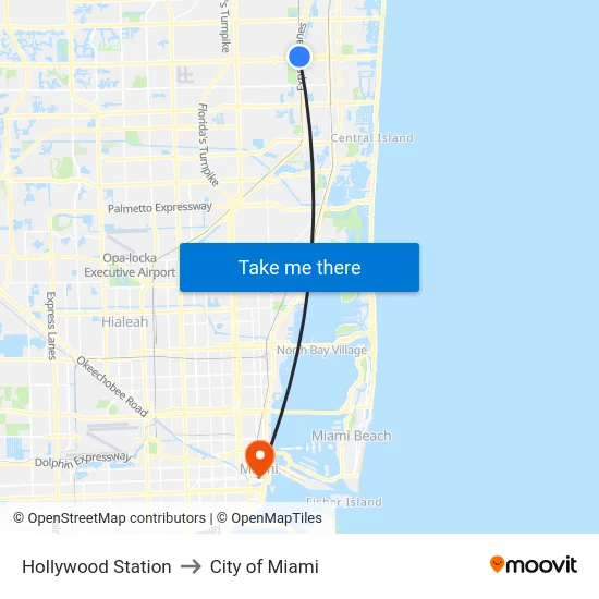 Hollywood Station to City of Miami map