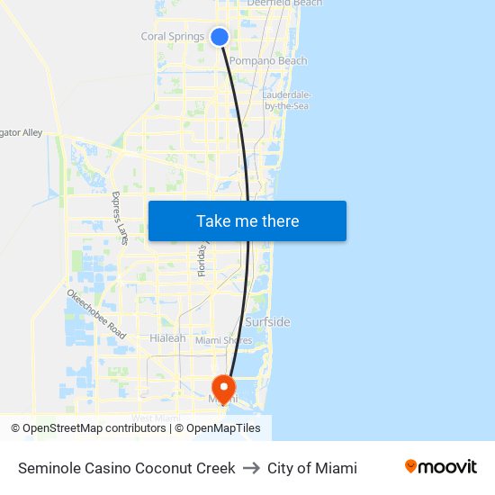 Seminole Casino Coconut Creek to City of Miami map