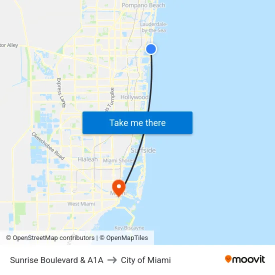 Sunrise Boulevard & A1A to City of Miami map