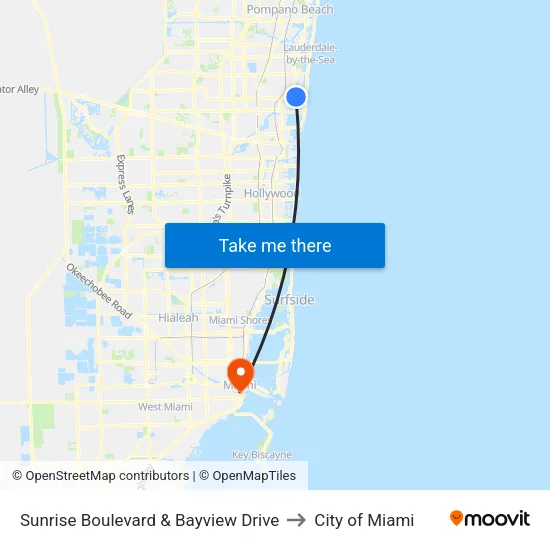 Sunrise Boulevard & Bayview Drive to City of Miami map