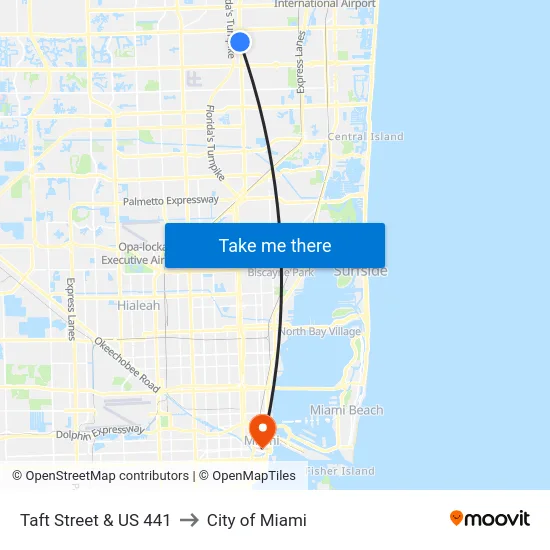 Taft Street & US 441 to City of Miami map