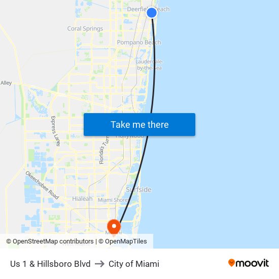 Us 1 & Hillsboro Blvd to City of Miami map