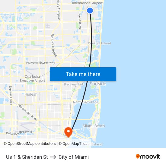 Us 1 & Sheridan St to City of Miami map