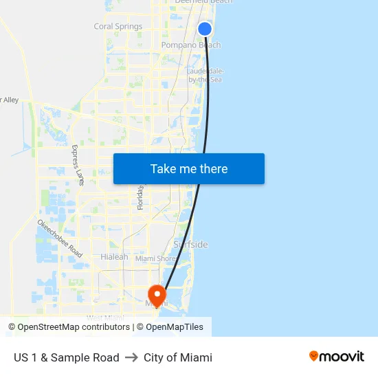 US 1 & Sample Road to City of Miami map