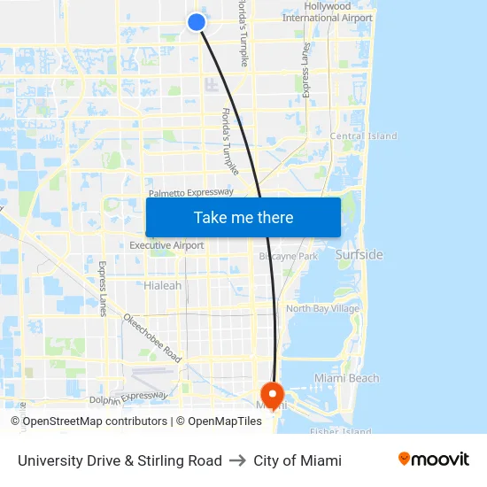 University Drive & Stirling Road to City of Miami map