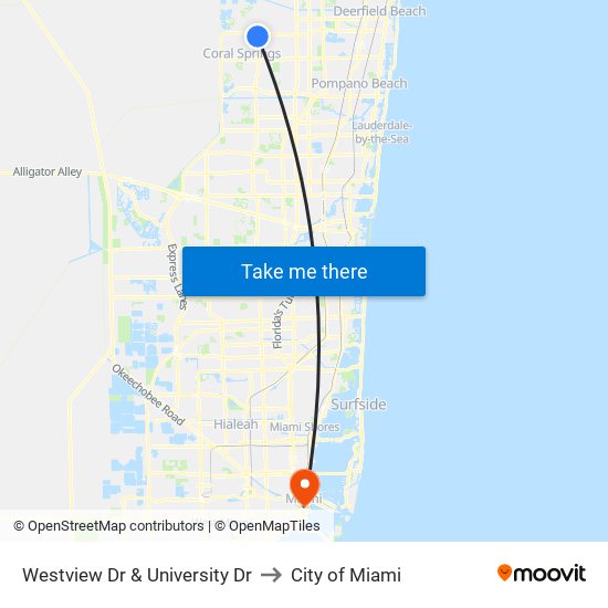 Westview Dr & University Dr to City of Miami map