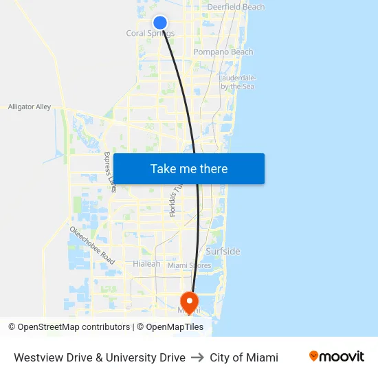 Westview Drive & University Drive to City of Miami map