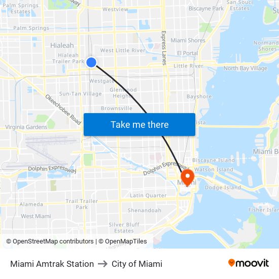 Miami Amtrak Station to City of Miami map