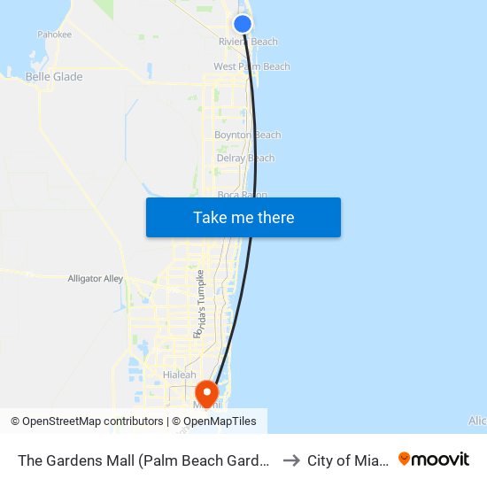 The Gardens Mall (Palm Beach Gardens) to City of Miami map