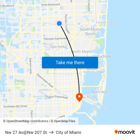Nw 27 Av@Nw 207 St to City of Miami map