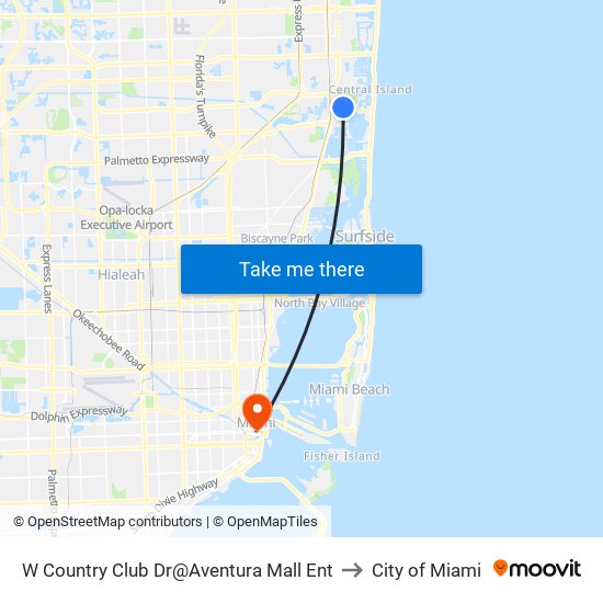 W Country Club Dr@Aventura Mall Ent to City of Miami map