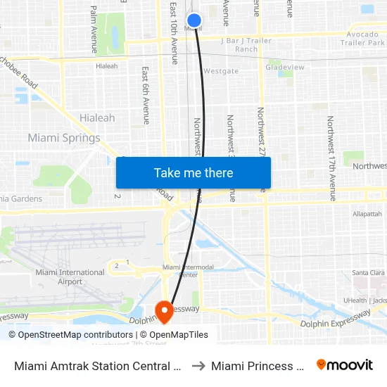 Miami Amtrak Station Central station to Miami Princess Hotel map