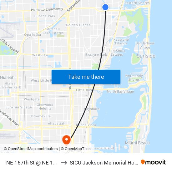 NE 167th St @ NE 15 Ave to SICU Jackson Memorial Hospital map