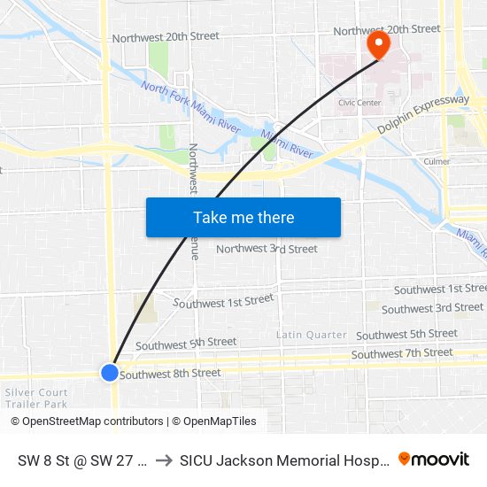 SW 8 St @ SW 27 Av to SICU Jackson Memorial Hospital map