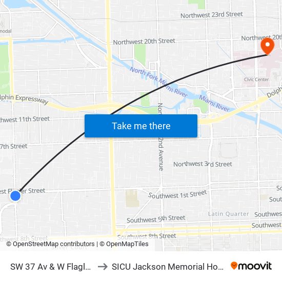 SW 37 Av & W Flagler St to SICU Jackson Memorial Hospital map