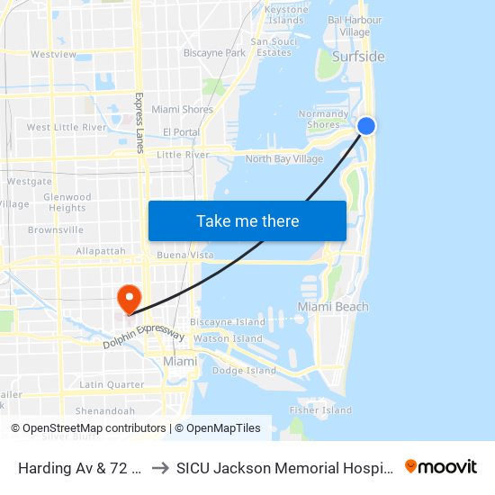 Harding Av & 72 St to SICU Jackson Memorial Hospital map