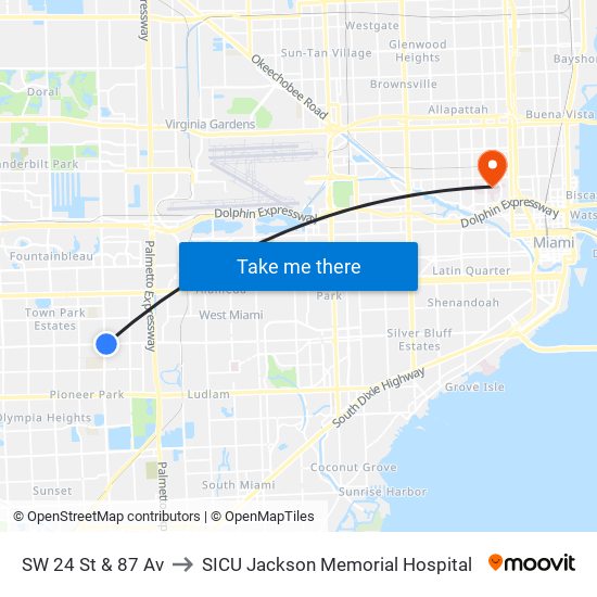 SW 24 St & 87 Av to SICU Jackson Memorial Hospital map