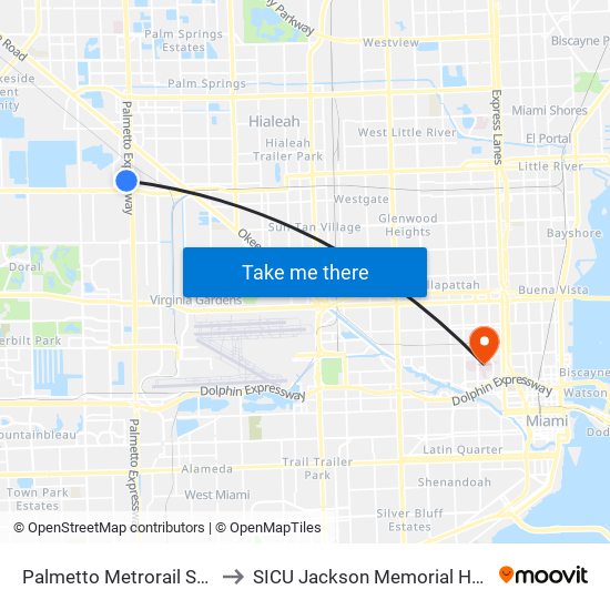 Palmetto Metrorail Station to SICU Jackson Memorial Hospital map