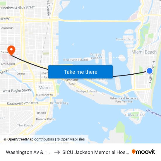 Washington Av & 13 St to SICU Jackson Memorial Hospital map