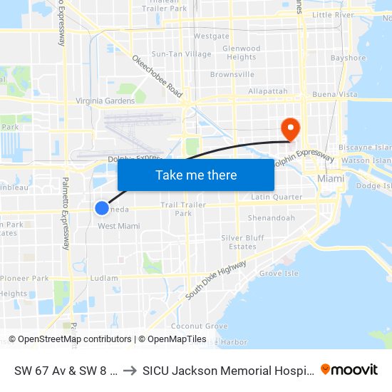 SW 67 Av & SW 8 St to SICU Jackson Memorial Hospital map