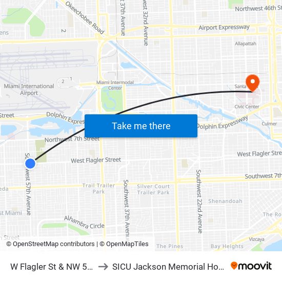 W Flagler St & NW 57 Av to SICU Jackson Memorial Hospital map