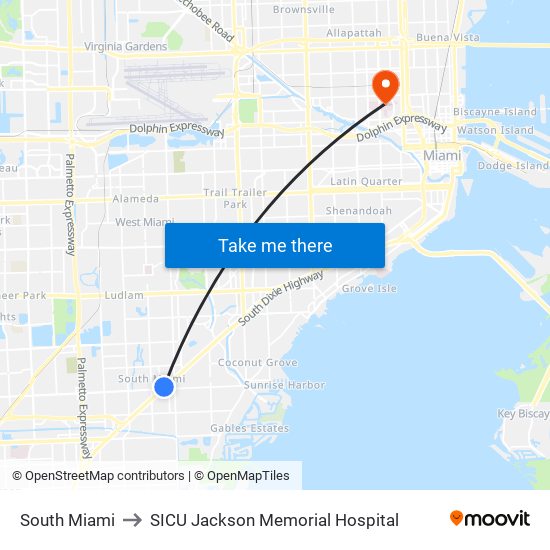 South Miami to SICU Jackson Memorial Hospital map