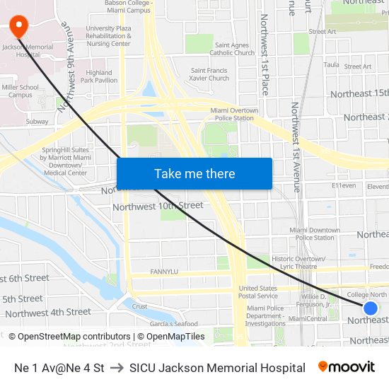 Ne 1 Av@Ne 4 St to SICU Jackson Memorial Hospital map