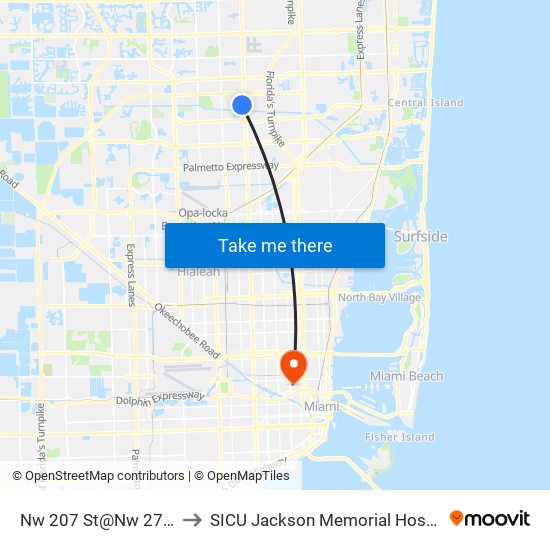 Nw 207 St@Nw 27 Av to SICU Jackson Memorial Hospital map