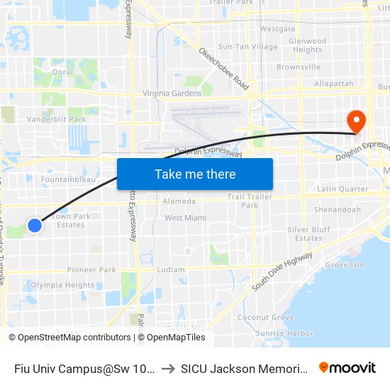 Fiu Univ Campus@Sw 107 Av-17 St to SICU Jackson Memorial Hospital map