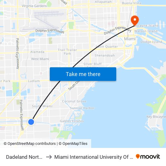 Dadeland North Bay 6 to Miami International University Of Art & Design map