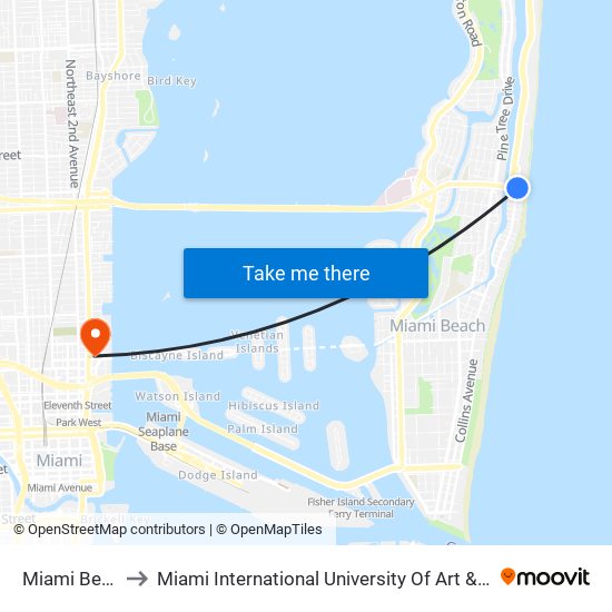 Miami Beach to Miami International University Of Art & Design map