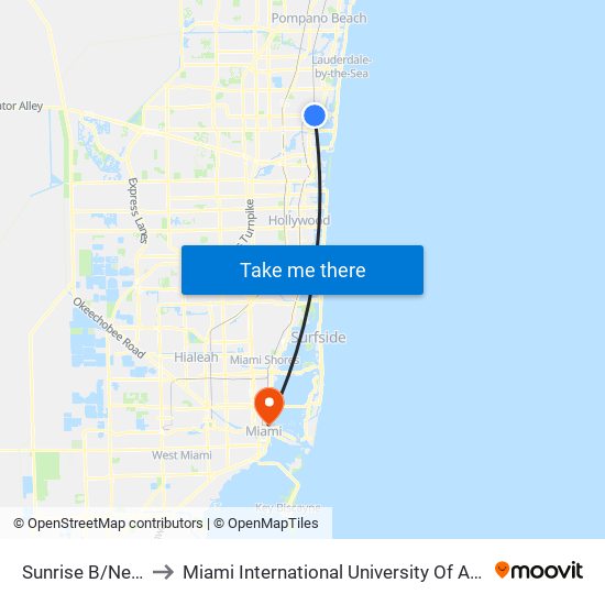 SUNRISE B/NE 14 A to Miami International University Of Art & Design map