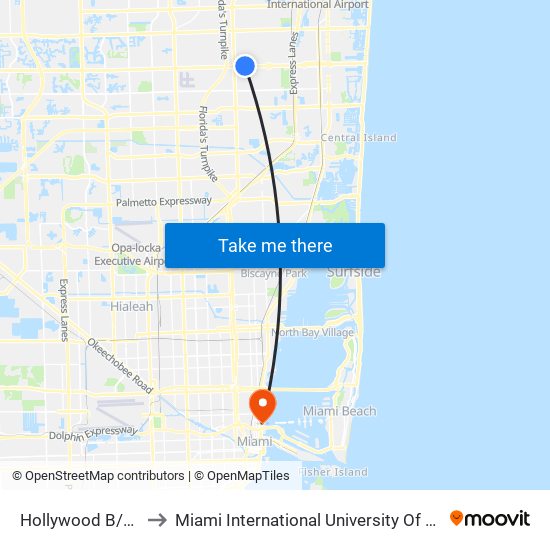 Hollywood B/N 56 A to Miami International University Of Art & Design map