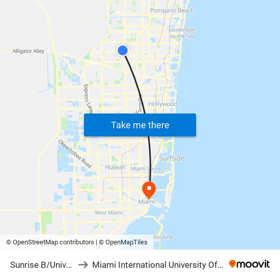 SUNRISE B/UNIVERSITY D to Miami International University Of Art & Design map