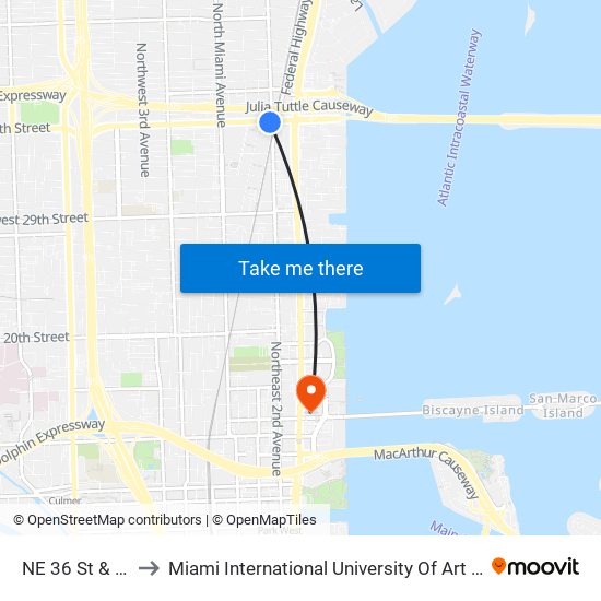 NE 36 St & 2 Av to Miami International University Of Art & Design map