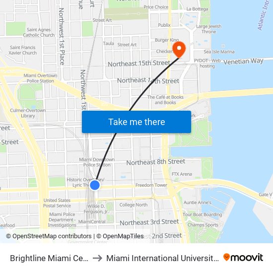 Brightline Miami Central Station to Miami International University Of Art & Design map
