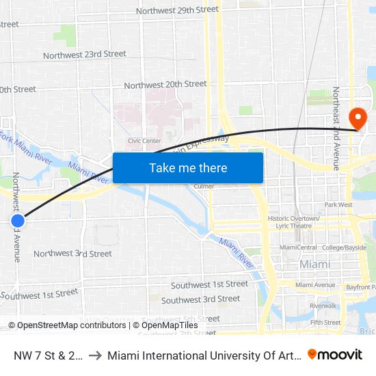 NW 7 St & 22 Av to Miami International University Of Art & Design map