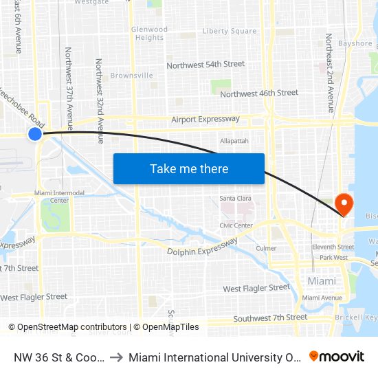 NW 36 St & Coolidge Dr to Miami International University Of Art & Design map