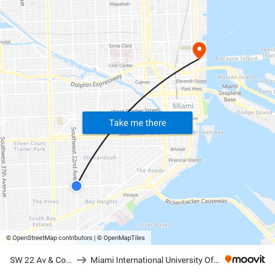 SW 22 Av & Coral Way to Miami International University Of Art & Design map